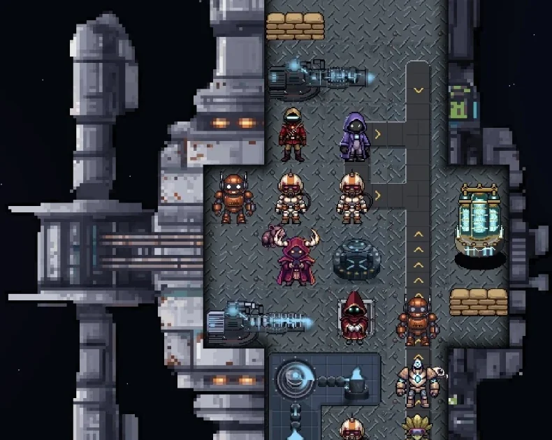 The ship builder: rail guns, a teleporter, sandbag cover and a full crew placed cell by cell on the hull grid