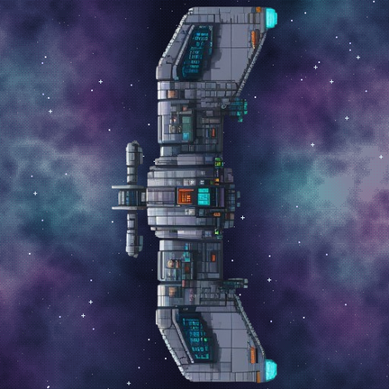 A modular Starforge spaceship drifting through a colorful nebula